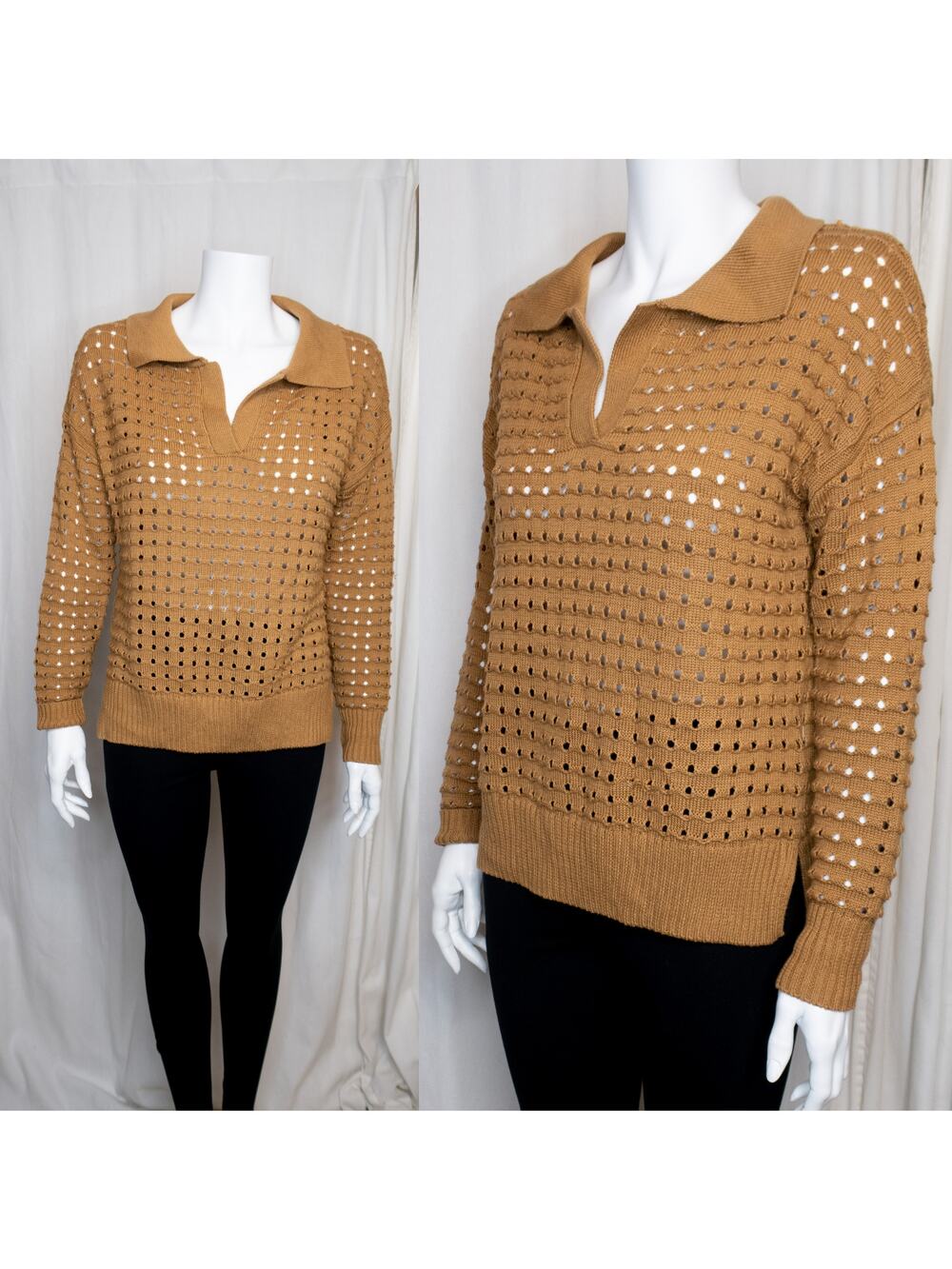 JOIE  Collared Eyelet Sweater in Caramel Brown SMALL